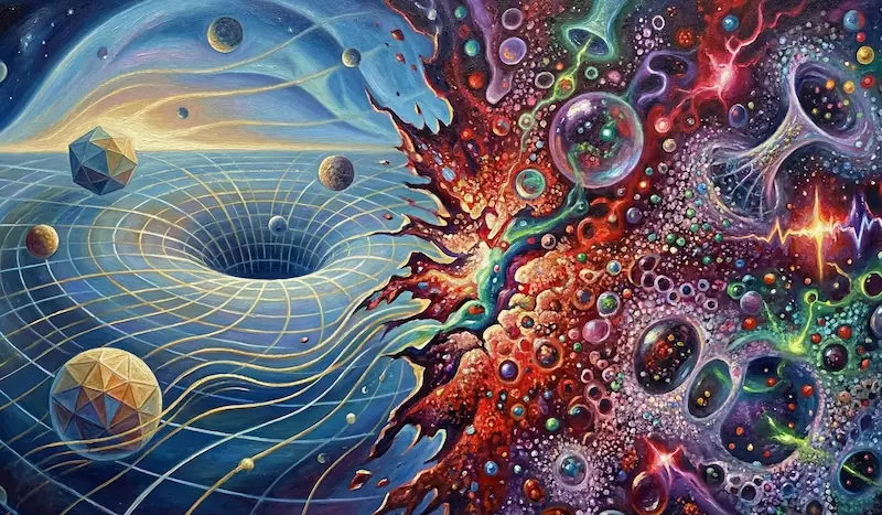 Représentation artistique du conflit entre espace lisse et mousse quantique